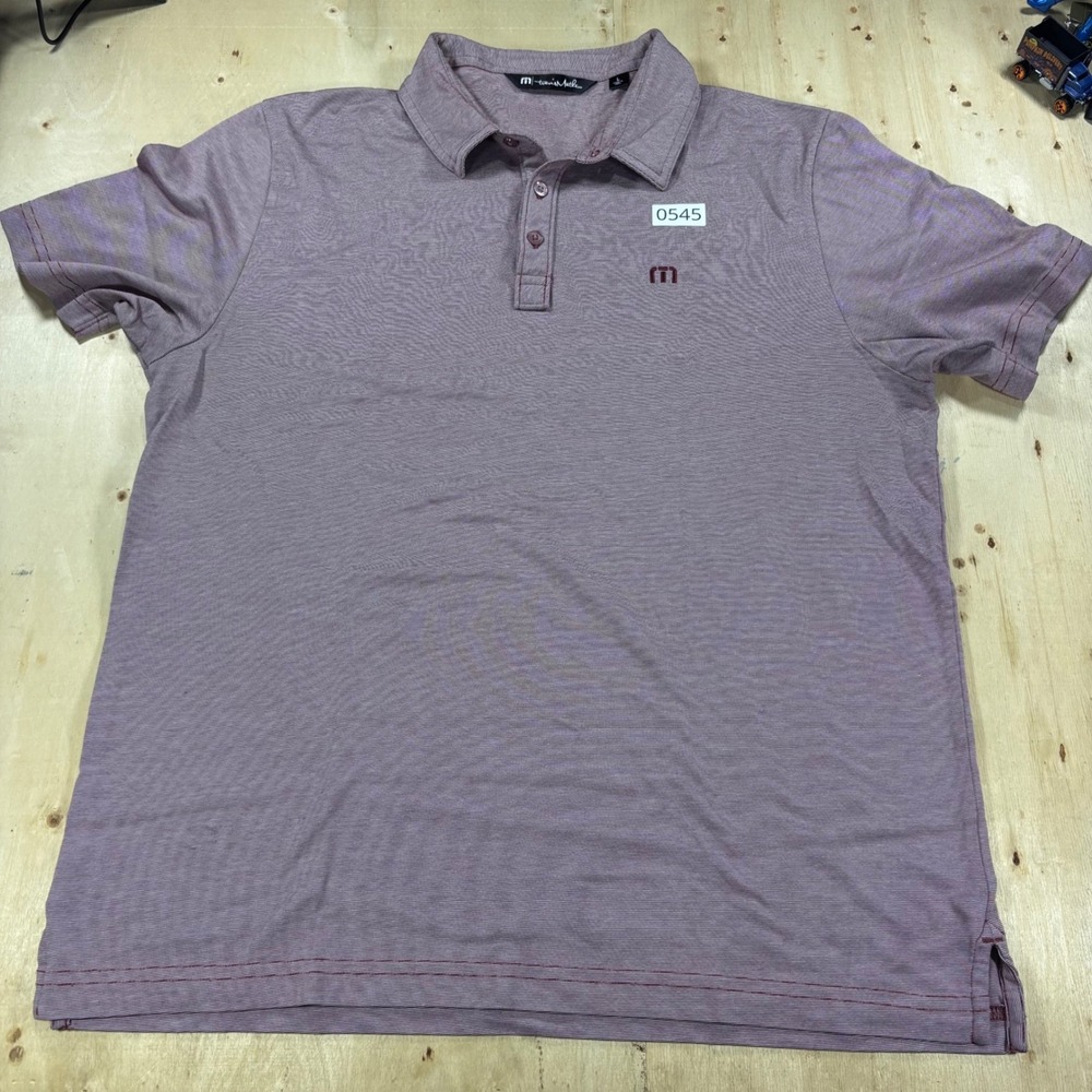 TravisMathew Mens L Burgundy White Micro Stripe Golf Polo Shirt Short Sleeve